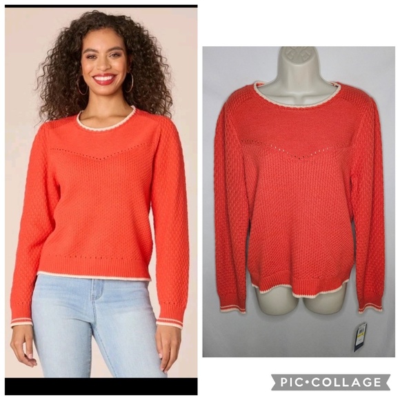 New Democracy Long Puff Sleeve Round Neck Mixed Stitch Sweater Poppy Red Size M - Picture 1 of 11